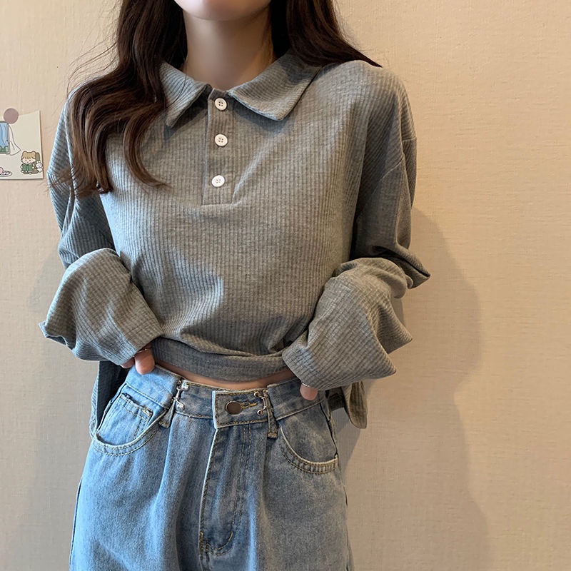เสื้อยืดโปโล แขนยาว คอปก ทรงหลวม สไตล์เกาหลี แฟชั่นฤดูใบไม้ร่วง สําหรับผู้หญิง