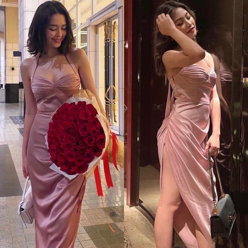 Sakura.official 511/VS-80L#เดรสออกงานชิปข้างอัดจีบชวงอกมีฟองน้ำ#เดรสยาวคล้องคอเว้าหลังช้ายชุดไม่เท่ากัน