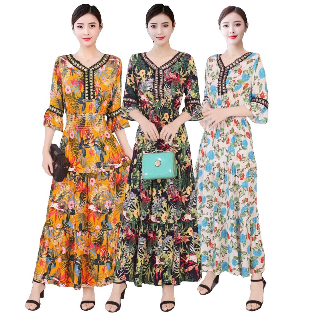 พร้อมส่งเดรสยาว สม็อคเอว ระบายแขนสมส่วน เนื้อผ้าสปันพริ้วเบาสบาย