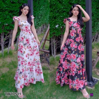 แม็กซี่เดรสไหล่ระบาย ลายดอกไม้ ผูกโบว์หลัง MM17511 Off-shoulder maxi dress with floral print and bow tie at the back.