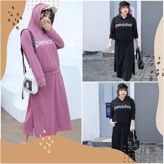 PMSWEET PLUSSIZE : PM4298 : พร้อมส่ง เสื้อผ้าไซส์ใหญ่ คนอ้วน สาวอวบ ชุดเสื้อกระโปรง เสื้อมีฮู้ดมาพร้อมกระโปรงเอวยา