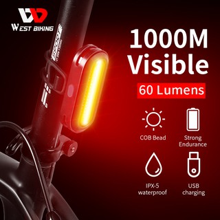 WEST BIKING ไฟท้ายจักรยาน LED 6 โหมด ชาร์จ USB