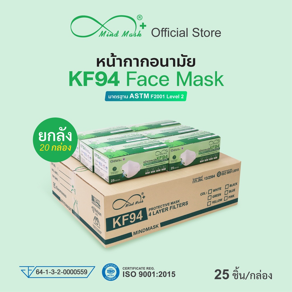 (ยกลัง 20กล่อง) Mindmask หน้ากากKF94 ทรง 3D สไตล์เกาหลี กรอง 4 ชั้น ป้องกันเชื้อโรค แบคทีเรียและฝุ่นละออง PM 2.5 ได้ 99%