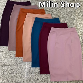 Milin Shop กระโปรงทำงาน ทรงดินสอ มีขอบ ซิปหลัง ผ่าหลัง