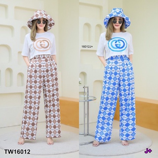 TwinsShopVip💗พร้อมส่ง TW16012 Set 3 ชิ้น #สาวอวบ เสื้อครอปสกรีนหน้า+กางเกงขายาวพิมพ์ลาย+หมวก Crop top + printe