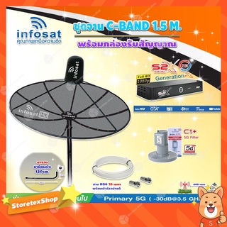 Infosat C-Band 1.5 เมตร(ขางอยึดผนัง 120 cm.) + LNB C1+ (ป้องกันสัญญาณ 5G) + กล่องPSI S2 X พร้อมสายRG6ยาวตามชุด