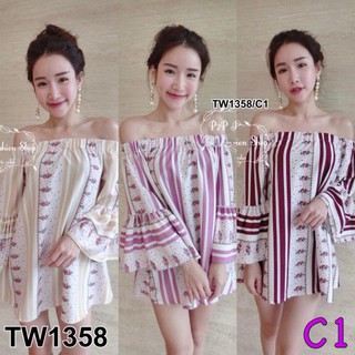 TwinsShopVip💗พร้อมส่ง TW1358 เดรสปาดไหล่ ลายริ้วสลับกับลายกราฟฟิกลายดอกไม้