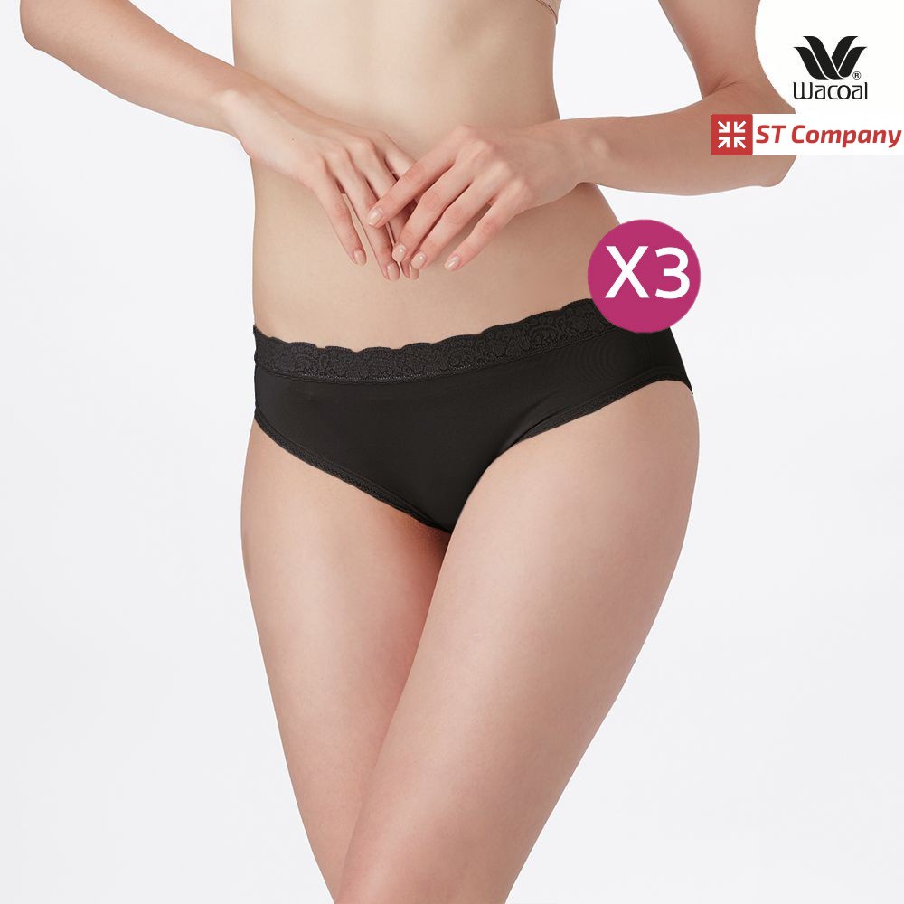 Wacoal Panty กางเกงใน ทรง Bikini ขอบลูกไม้ สีดำ (3 ตัว) กางเกงในผู้หญิง วาโก้ ครึ่งตัว ผู้หญิง WQ6M0