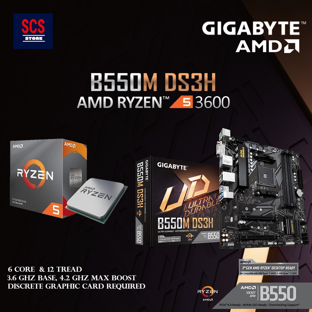 เมนบอร์ด AMD Ryzen 5 3600 3.6GHZ + GIGABYTE B550M DS3H DDR4 AM4
