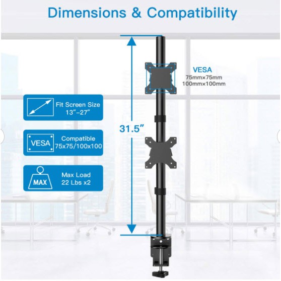 BEWISER MV2 ขาตั้งคอม 2 จอแนวตั้งเสาสูง81ซม.เพิ่มถาดโน๊ตบุ๊คได้ ฐานแบบตั้งโต๊ะหรือยึดขอบโต๊ะ Dual Monitor Vertical Stand - รูปที่ 5