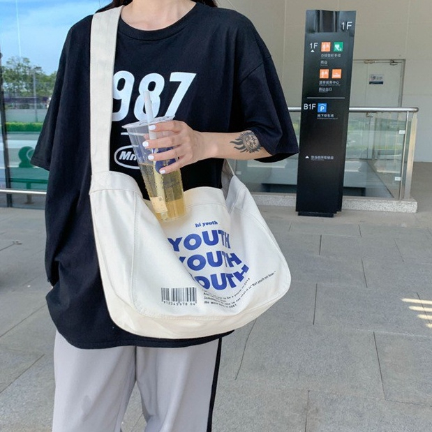 bangkoklist(BA1775) กระเป๋าผ้าสะพายข้าง YOUTH ผ้าแคนวาส ผู้ชาย​ ผู้หญิง​ ใบใหญ่มี2สี