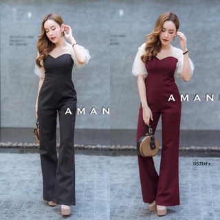 MF11571  Jumpsuit จั้มสูทขายาว ไหล่แขนตาข่ายทรงตุ๊กตา ตัวจั้มงานผ้าซาร่าสีพื้น โทนสีขับผิวออร่ามากค่าา มีซิปหลัง