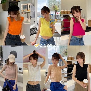 Cicishop(341)เสื้อครอปแขนกุดคอวีผ้าไหมพรมknit ทอลาย เนื้อผ้าดี ทรงนี้ฮิตมาก