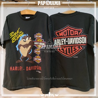 [ Harley davidson x Taz manian  ] looneytunes ผ้าดำ2   เสื้อวินเทจ เสื้อการ์ตูน papamama vintage shirt