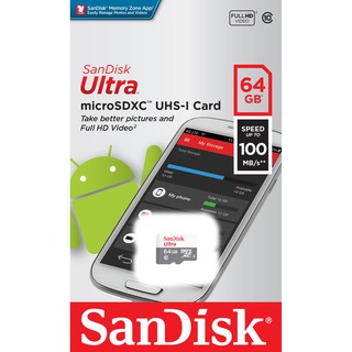 Sandisk Micro SD 64GB Class10 ความเร็ว 100MB/s ประกัน 7 ปี รุ่น SDSQUNR_064G_GN6MN