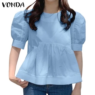Vonda เสื้อเบลาส์ แขนครึ่งแขน สีพื้น สไตล์เกาหลี สำหรับผู้หญิง