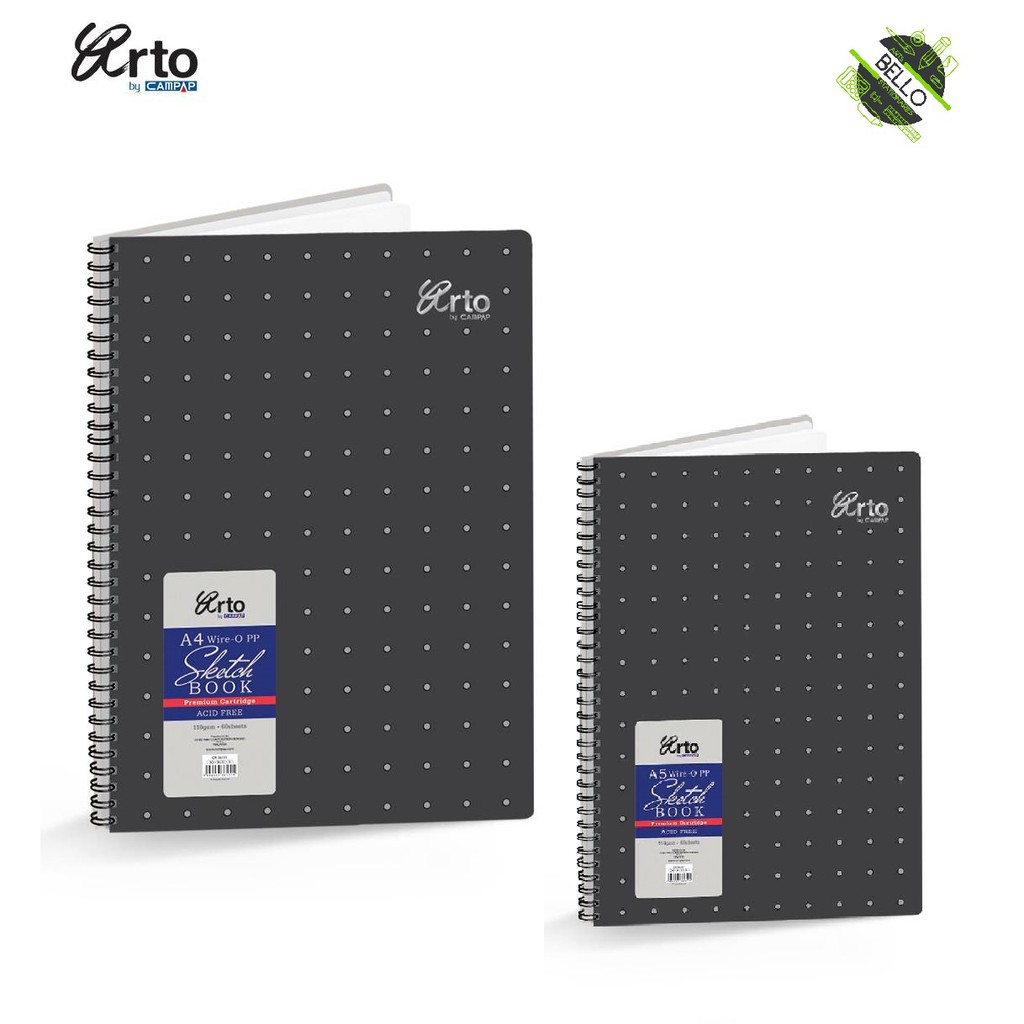 Arto By Campap - A3/A4 / A5 Wire - O PP Cover Sketch Book 110gsm 60 แผ่น [ BLACK BOOK ] ;
