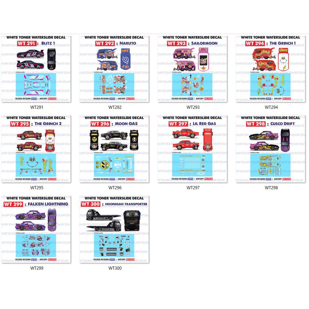 WT291 ถึง WT300 WHITE TONER DECAL สําหรับล้อร้อนและ DIECAST SCALE 1/64