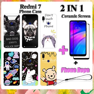 2 IN 1 Redmi 7 เคสโทรศัพท์ พร้อมกระจกนิรภัย เซรามิค ป้องกันหน้าจอ โค้ง ฟิล์มนิรภัย การ์ตูน