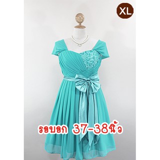 E1145-5-XL-ชุดราตรีคนอ้วน สีเขียวเทอร์ควอยซ์ ผ้าชีฟองประดับผ้าลูกไม้หรู มีแขนปล่อยคลุมลงมา โบว์2ชั้นน่ารัก