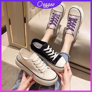 Oeggeo shop รองเท้าผ้าใบ ส้นแบน สีขาว สไตล์คลาสสิก สําหรับผู้หญิง