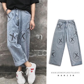 ยีนส์ขายาวทรงบอย สกรีนกากบาท x High Waist Loose Jeans Straight Leg Baggy Pants Mom Jeans Washed Boyfriend Jeans