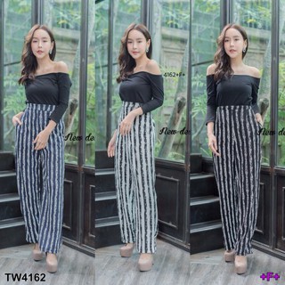 TwinsShopVip💗พร้อมส่ง TW4162 Set เสื้อปาดไหล่+ กางเกงลายทาง