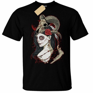 ผ้าฝ้ายคอกลมเสื้อยืดคอกลม พิมพ์ลาย Dead Queen Voodoo Ram Skull Horns Day Of The Dead สําหรับผู้ชาย และผู้หญิงfrom S-4XL