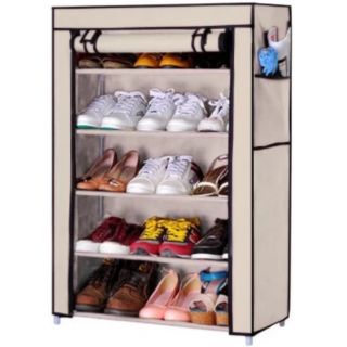 Shoe Rack ชั้นวางรองเท้า 5 ชั้น + ผ้าคลุม (สีครีม)