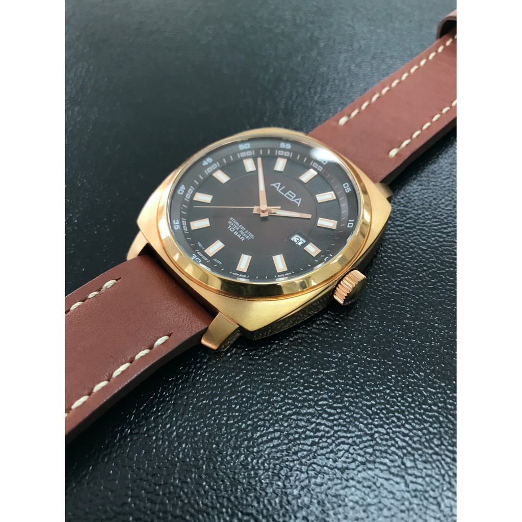 นาฬิกาข้อมือผู้ชาย ALBA รุ่น AS9850X1 สายหนังสีน้ำตาล เรือนทองแดง