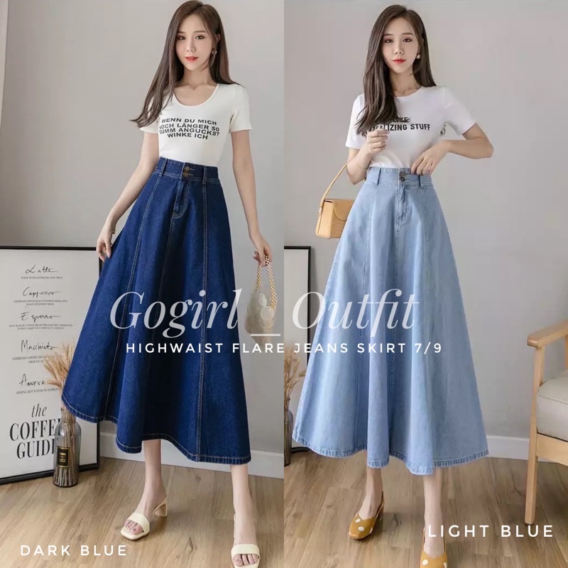 Midi JEANS SKIRTนําเข้า/Blooming JEANS SKIRT ผู้หญิง/FLARE SKIRT BANGKOK/Blooming JEANS SKIRT 7/8
