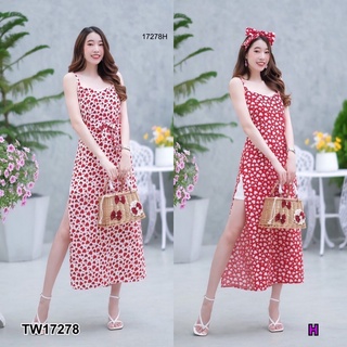 TwinsShopVip💗พร้อมส่ง TW17278 set 3 ชิ้น เดรสสายเดี่ยว ลายหัวใจ + สายผูกโบว์ + กางเกงขาสั้น