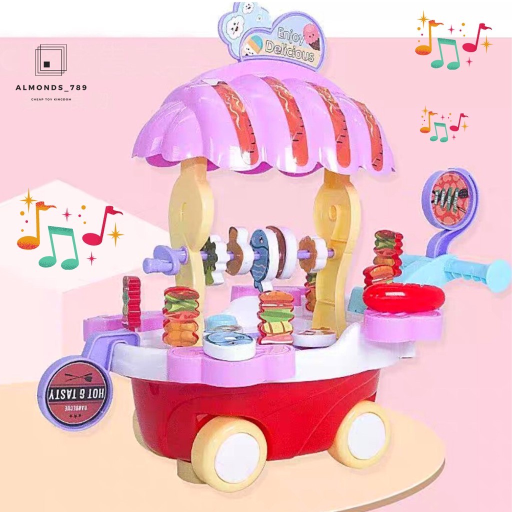 รถเข็นขายบาบีคิว Play House พร้อมอุปกรณ์ต่างๆมากมาย ล้อหมุนได้ ของเล่นเด็ก มีเสียง มีไฟ สวยงาม [222-