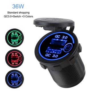 Motorcycle Quick Charger LED Display with Caps for Car Truck ATV DVR GPS QC 3.0 36W Dual USB Charger Socket Touch Switch