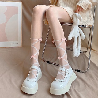 ถุงน่องสีขาวนมผู้หญิง Lolita ลมบริสุทธิ์หักโบว์โบว์โลลิต้าเซ็กซี่ถุงเท้าการเดิมพันต่าง ๆ