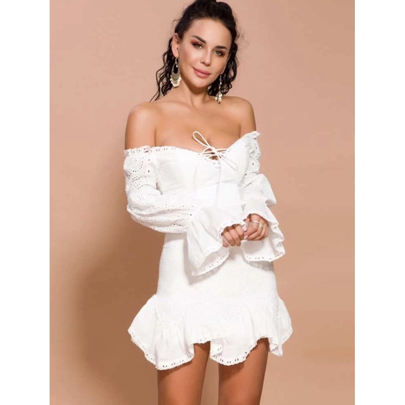 🔥พร้อมส่ง🔥SHEIN Lace Up Front Ruffle Hem Schiffy Dress