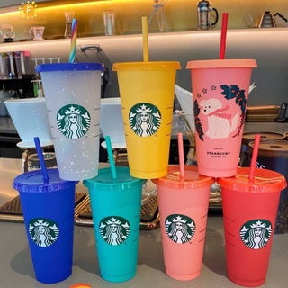 พร้อมสต็อกนำมาใช้ใหม่ Starbucks เปลี่ยนสีเย็นสายรุ้งฟางถ้วยแก้วพลาสติกที่มีฝาปิดถ้วยพลาสติกนำมาใช้ใหม่710Ml/24Oz