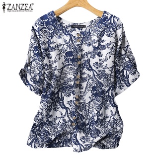 Zanzea เสื้อเบลาส์ แขนสั้น ผ้าฝ้าย สไตล์เกาหลีวินเทจ สําหรับผู้หญิง