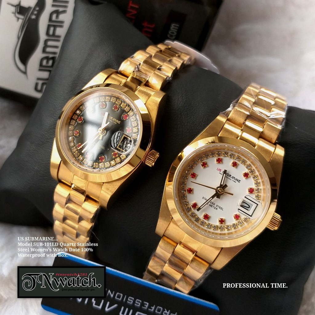 us submarine รุ่น SUB-101LD นาฬิกาผู้หญิง นาฬิกาข้อมือ สายสแตนเลสแท้ สีทอง มีวันที่ กันน้ำ100