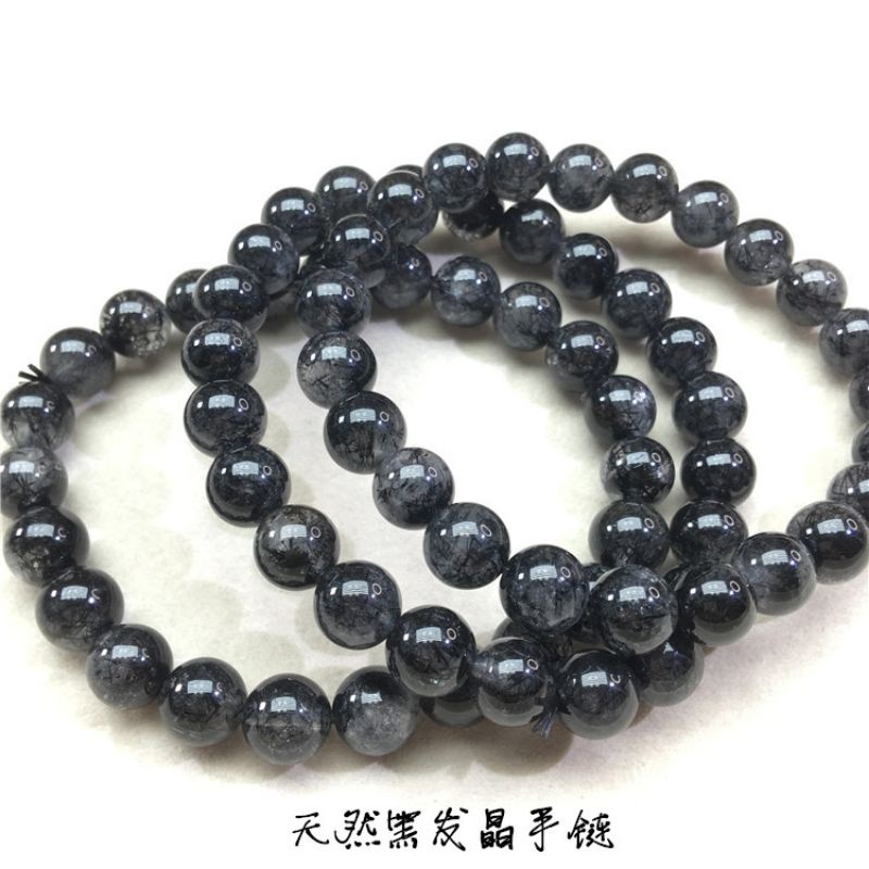 สร้อยข้อมือหินคริสตัลไหมทองสีดํา10มมธรรมชาติผมสีดําคริสตัลสร้อยข้อมือผู้ชายผู้หญิงวงกลมเดียวไทเทเนียมคริสตัลพลังงานสีดําสร้อยข้อมือคริสตัลคุ