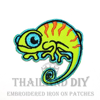 🦎 ตัวรีดติดเสื้อ งานปัก ลาย กิ้งก่า สีเขียว คาเมเลี่ยน การ์ตูน สัตว์ Lizard Chameleon Patch WOP DIY ตัวรีด อารม์ติดเสื้อ