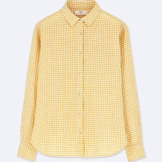 Uniqlo🌹 Premium Linen Check Long Sleeve Shirt สีเหลือง - size M