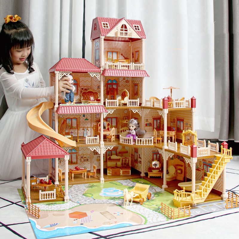ของเล่นบ้านตุ๊กตา สาวบ้านตุ๊กตามีไฟLED มีเฟอร์นิเจอร์ ของเล่นบ้านบาร์บี้  บ้านตุ๊กตาDIYมีตุ๊กตา2ตัว ของเล่นชุดปราสาทเจ้า