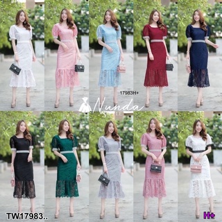 👗Pfashion [ส่งไว!!🚛] P17983 เดรสลูกไม้คอเหลี่ยม แขนตุ๊กตา แต่งคาดปลายแขนกับเอว ..