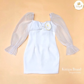 Dressสีขาวแขนตุ๊กตา ใส่ได้2สไตล์ มีSML ป้ายKittipa brand