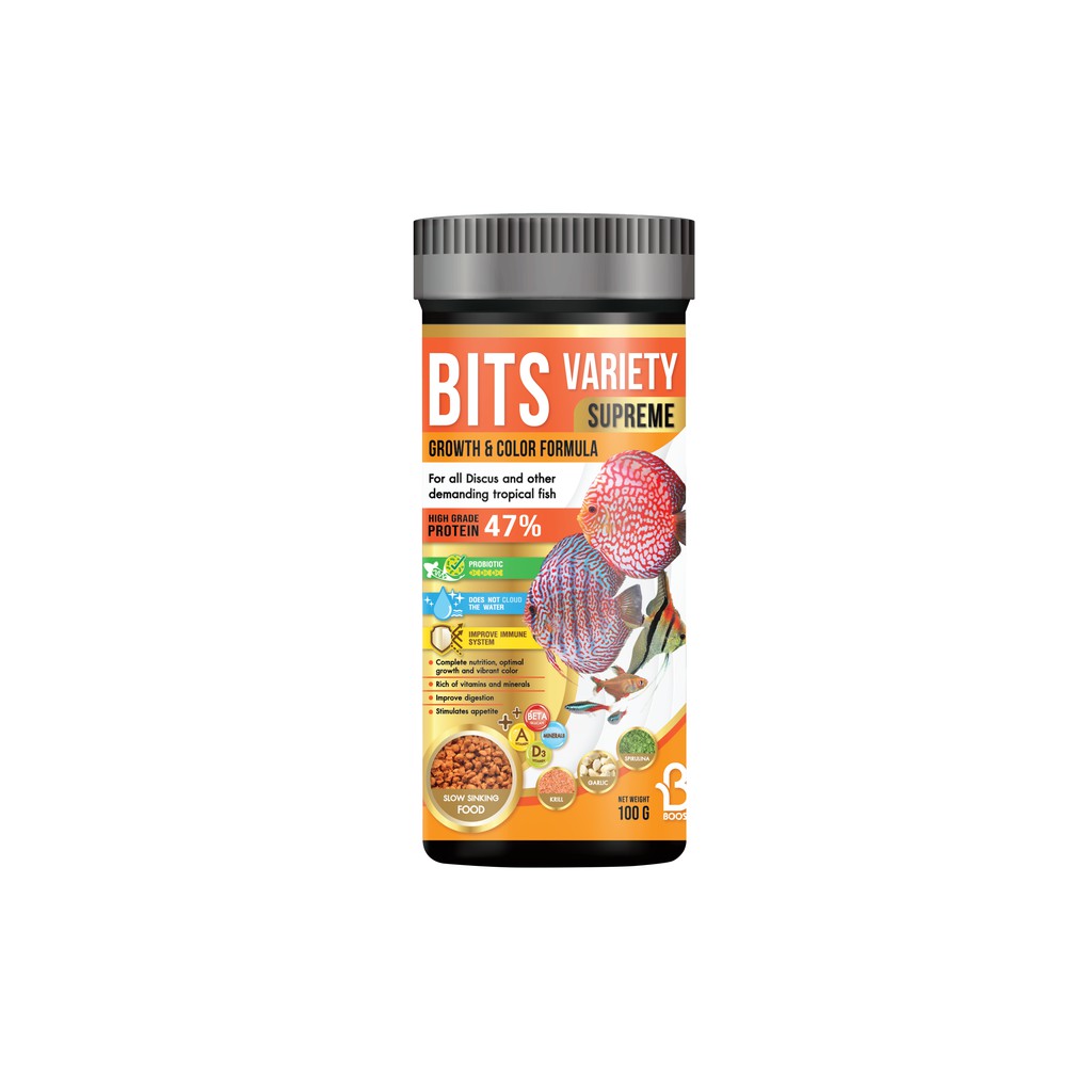 Boost Bits Variety Supreme บูสท์ อาหารปลาปอมปาดัวร์ สูตรเร่งโต เร่งสี เม็ดจมช้า ขนาด 100g.