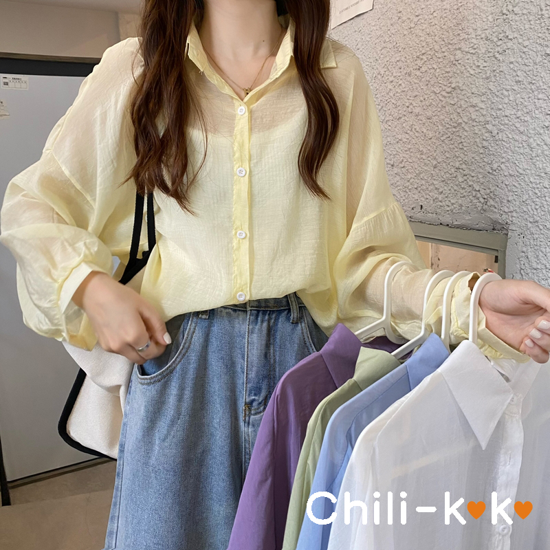 Chili_k❤️k❤️ เสื้อเชิ้ตผู้หญิง เสื้อเชิ้ตชีฟอง ซีทรู สไตล์เกาหลี เนื้อผ้าเบาบาง 99001