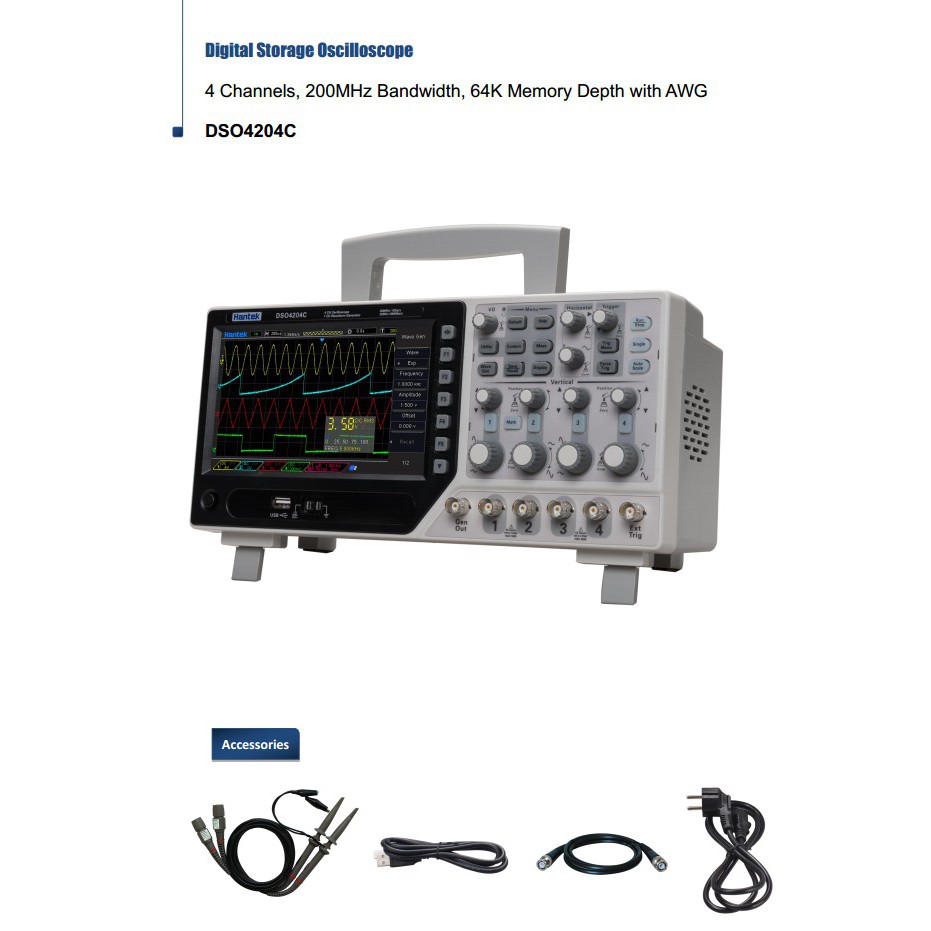 Hantek DSO4204C 4 CH Oscilloscope 200MHz 1GS/S, Arbitrary/Waveform Function Generator สโคป 4 ช่อง 20