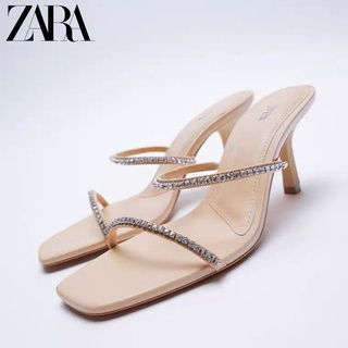 Zara ใหม่ รองเท้าส้นสูง เปิดนิ้วเท้า แต่งพลอยเทียม สีนู้ด แฟชั่นฤดูร้อน สําหรับผู้หญิง 2022