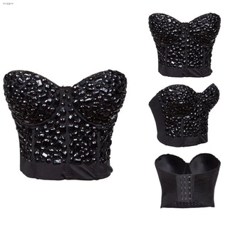 ชุดคอร์เซ็ทเซ็กซี่ ประดับเพชร สำหรับผู้หญิง Women Sexy Bustier Bra Crop Top Diamonds Black and Sliver Strapless Overbust